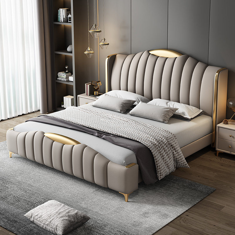 现代轻奢高级感主卧2x2米2床意式简约真皮床高端大气储物软包婚床