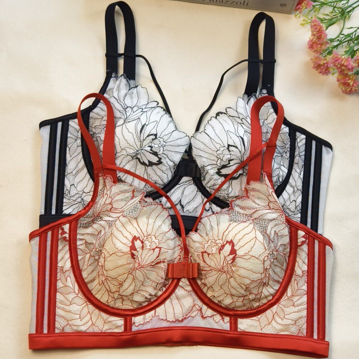 本命年酒红色蕾丝花边内衣女大胸显小软钢圈收副乳聚拢防下垂文胸