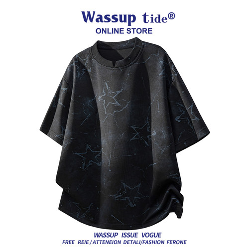 WASSUP TIDE重磅质感星星满印短袖男夏季透气宽松情侣休闲T恤上衣