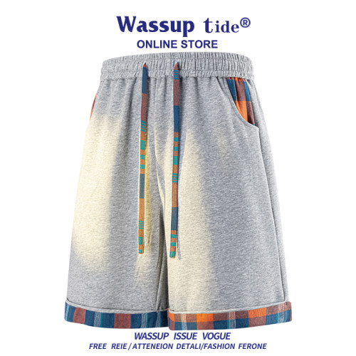WASSUP TIDE新款时尚学院风裤子男时尚潮牌美式复古短裤纯色拼接