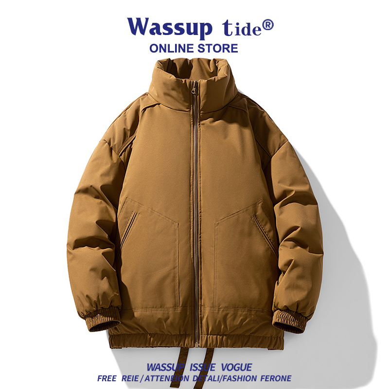 WASSUP TIDE男士纯色立领冬季新款宽松加绒加厚棉服保暖时尚百搭