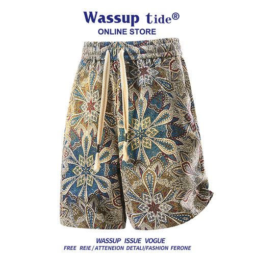 WASSUP TIDE夏季新款休闲裤男沙滩裤时尚复古美式宽松百搭抽绳裤