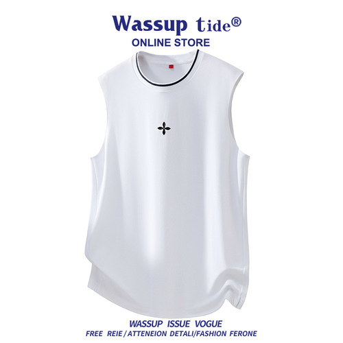 WASSUP TIDE夏季新款透气纯棉印花十字星背心男帅气百搭时尚宽松