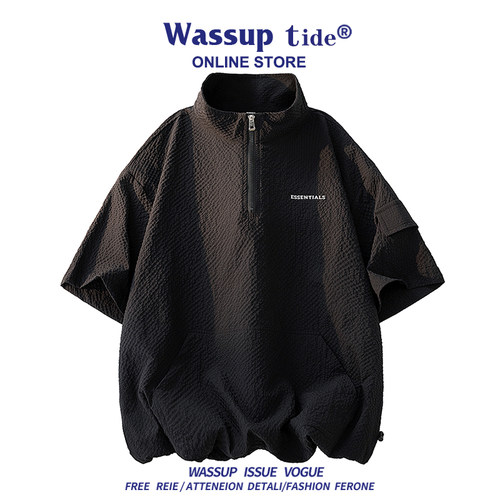 WASSUP TIDE夏季透气褶皱T恤拉链领宽松男下摆抽绳短袖百搭时尚潮