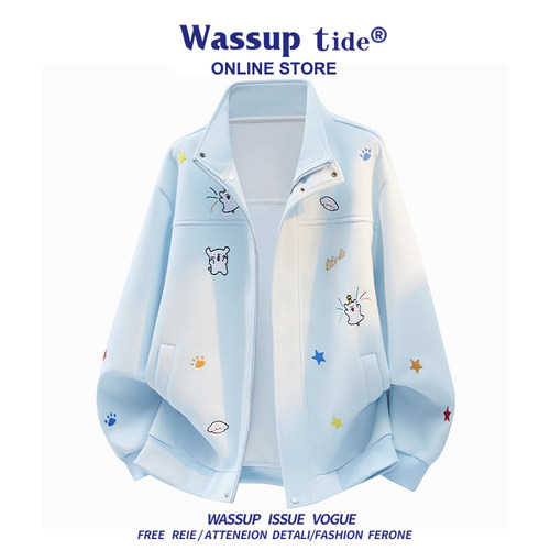 WASSUP TIDE春秋新款时尚百搭多巴胺小狗刺绣设计感卫衣男女情侣