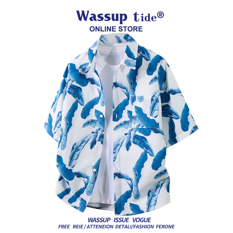 WASSUP TIDE夏季清爽设计感印花短袖衬衫翻领夏威夷海岛风T恤男潮