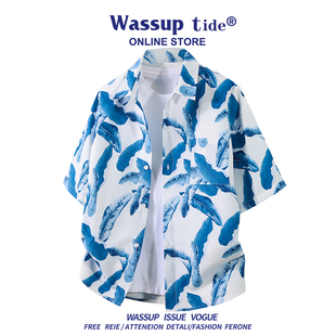 WASSUP TIDE夏季清爽设计感印花短袖衬衫翻领夏威夷海岛风T恤男潮