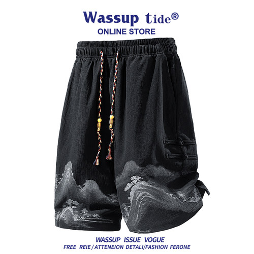 WASSUP TIDE新款夏季中式山水画短裤时尚透气国风男抽绳裤子百搭