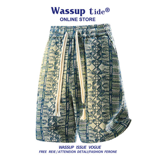 WASSUP TIDE夏季时尚宽松短裤男士设计感抽绳裤子提花休闲裤宽松