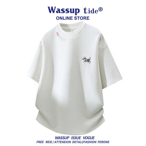 WASSUP TIDE夏季新款宽松圆领刺绣小马上衣男女情侣百搭时尚潮T恤