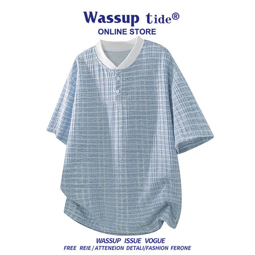 WASSUP TIDE美式亨利领格纹短袖T恤男款夏季潮流休闲半袖上衣百搭