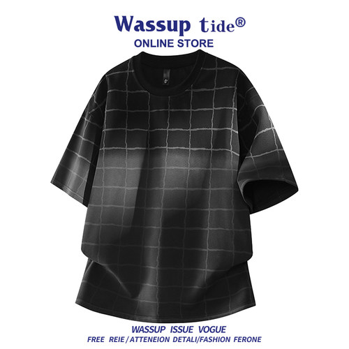 WASSUP TIDE夏季美式街头格纹T恤男潮牌渐变格子宽松休闲短袖上衣