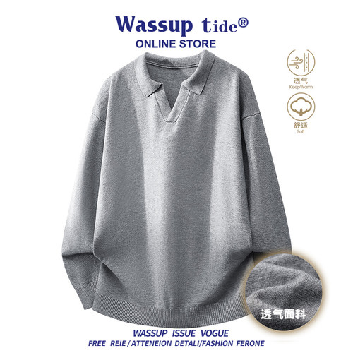 WASSUP TIDE男士针织衫休闲舒适上衣柔软亲肤V领毛衣复古时尚潮流