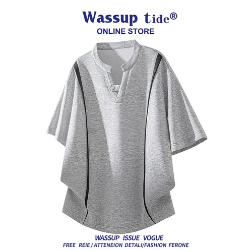 WASSUP TIDE拼接撞色V领短袖男士T恤夏季美式休闲百搭高级感上衣