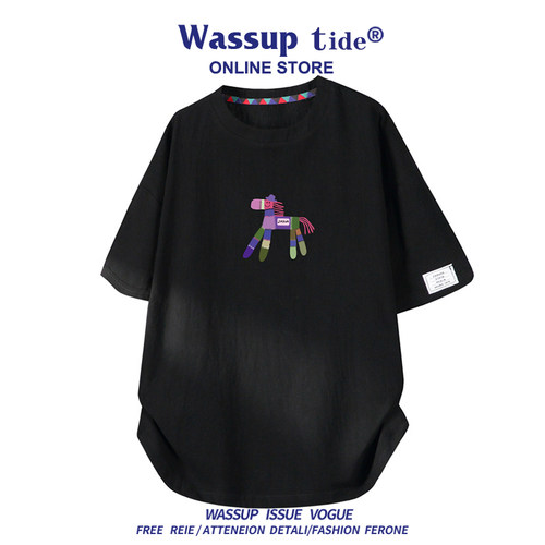 WASSUP TIDE夏季时尚多巴胺印花多色T恤休闲宽松百搭短袖男潮上衣