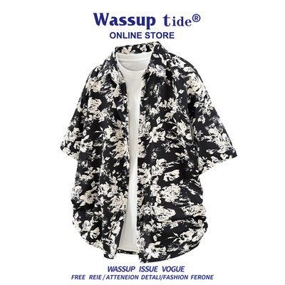 WASSUP TIDE夏季时尚设计感印花短袖衬衫男休闲风复古街头潮流T恤