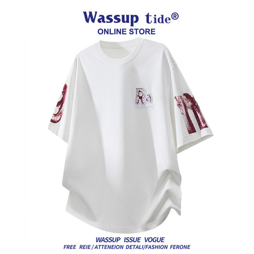 WASSUP TIDE夏季美式复古运动风T恤男潮袖部字母印花宽松短袖上衣