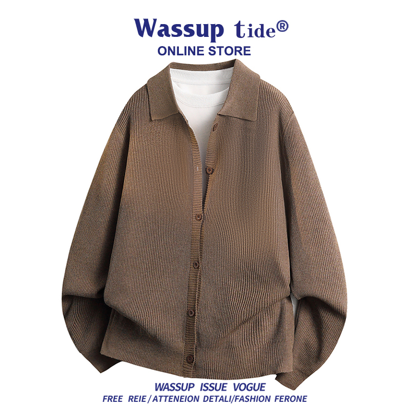 WASSUP TIDE男士毛衣极简风开衫上衣宽松慵懒针织衫翻领纽扣外套
