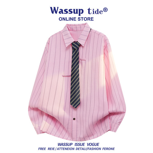 WASSUP TIDE秋季百搭多巴胺上衣男女情侣时尚宽松领带衬衫休闲衣