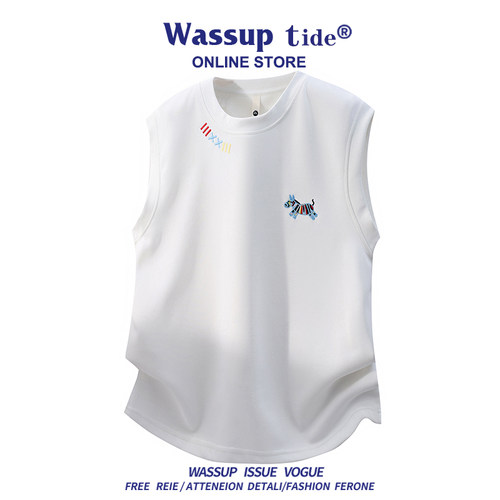 WASSUP TIDE简约华棉纯色刺绣小马无袖T恤百搭宽松字母背心男女帅
