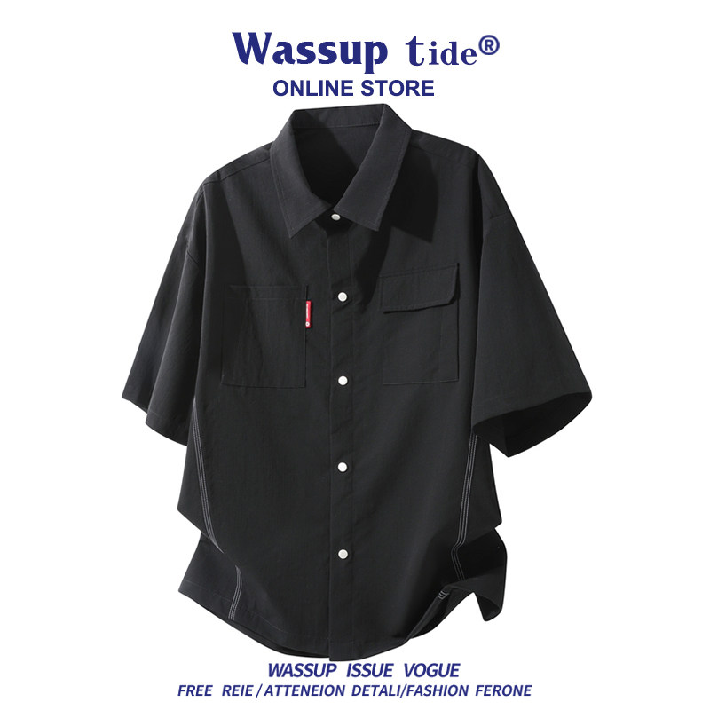 WASSUP TIDE夏季复古学院风衬衫男潮牌双口袋宽松休闲短袖上衣服