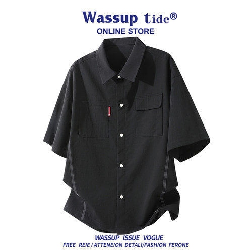 WASSUP TIDE夏季复古学院风衬衫男潮牌双口袋宽松休闲短袖上衣服
