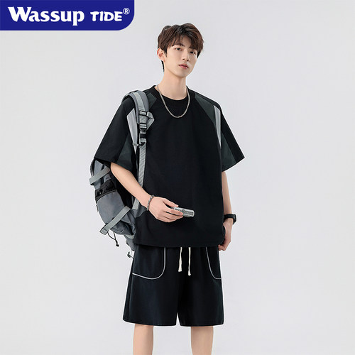 WASSUP TIDE夏季新款运动套装男士休闲潮牌宽松户外爆款速干透气