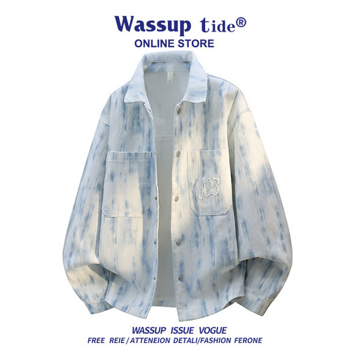 WASSUP TIDE小众设计感渐变扎染夹克重磅刺绣牛仔宽松落肩外套潮