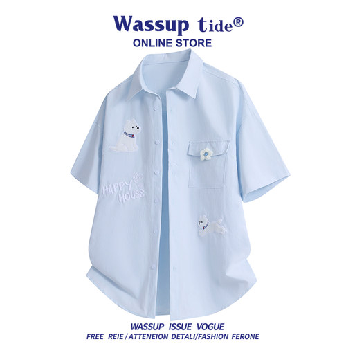 WASSUP TIDE夏季新款百搭潮流刺绣小狗衬衫短袖立领简约男女上衣