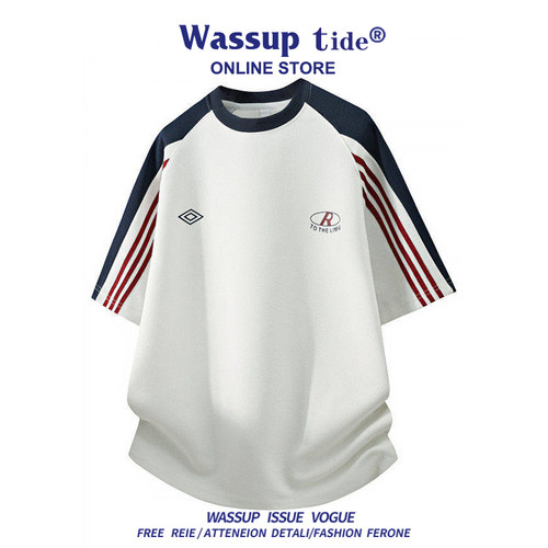 WASSUP TIDE新款美式设计感圆领宽松百搭落肩T恤男女时尚拼色短袖