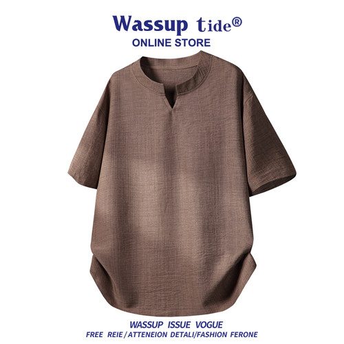 WASSUP TIDE莱赛尔天丝仿麻短袖T恤男女情侣夏季轻薄透气V领上衣