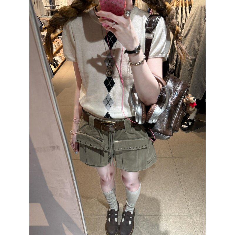 韩系复古菱格短袖针织衫女水洗做时尚套装