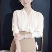 白衬衫 长袖 女v领套头工作服打底工装 修身 2026春装 上衣雪纺衫 新款