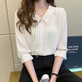 双层娃娃领衬衫女设计感小众2024夏新款韩版五分灯笼袖雪纺衫短袖