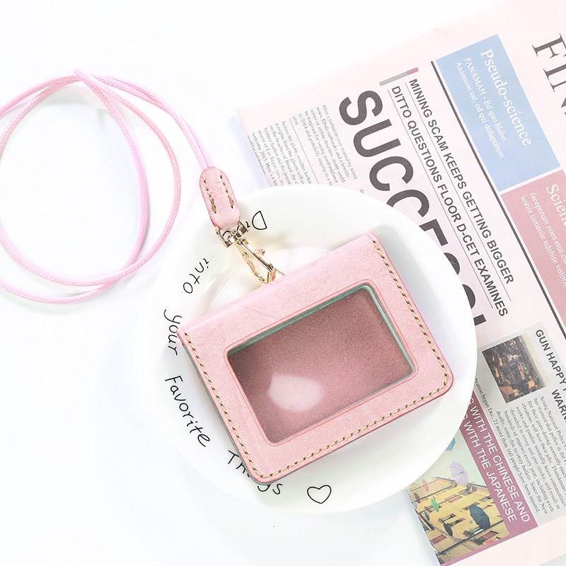 手工折叠胸卡证件套植鞣革牛皮挂绳工作证公交门禁多卡位对折工牌