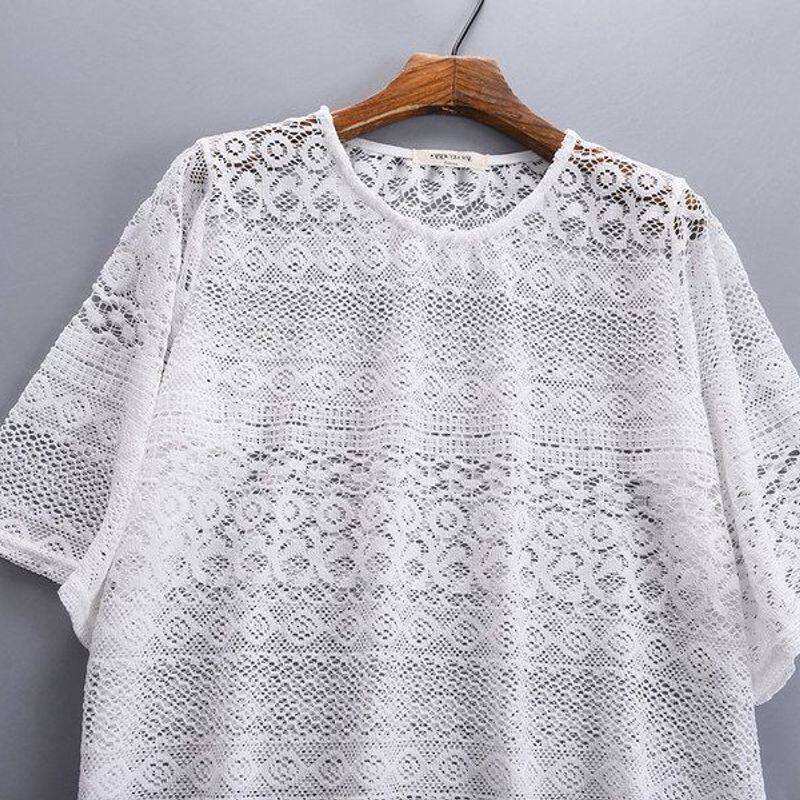 薄款夏针织衫罩衫上衣套头短袖钩花甜美套头中袖仿晒减龄镂空圆领