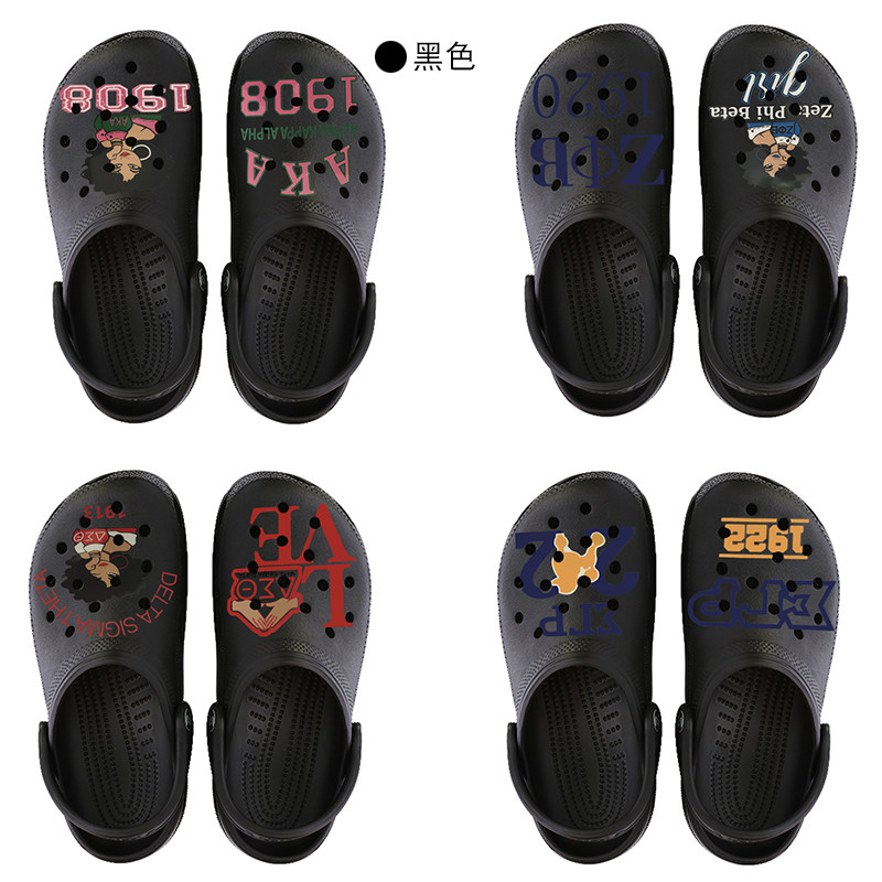 跨境代发欧美定制LOGO图案洞洞鞋外穿沙滩凉拖鞋外穿黑色男女情