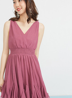 连衣爱衣服季新款韩版时尚V领背心裙裙女0424W-N11869-限时抢