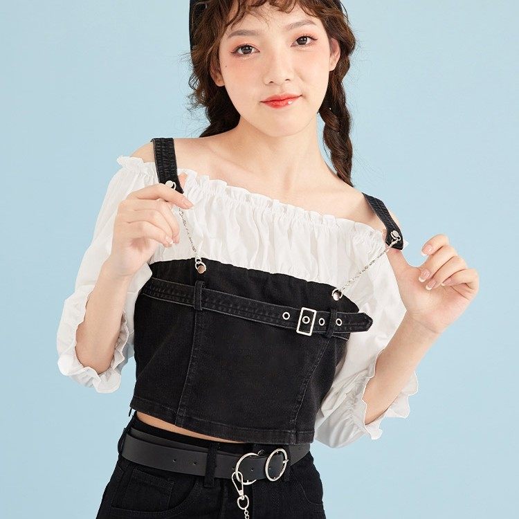 韩版个性时尚牛仔拼接收腰衬衫
