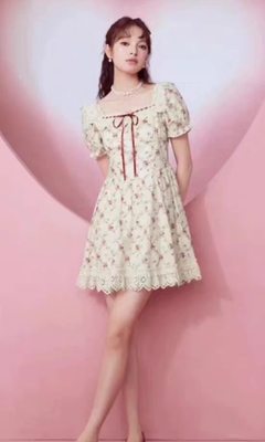 爱衣衣服甜美小清新碎花法式蕾丝吊带收腰显瘦礼服裙蓬蓬裙开衫