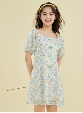 衣服20220季新款田园法式方领泡泡袖改良旗袍孩显瘦A字连裙