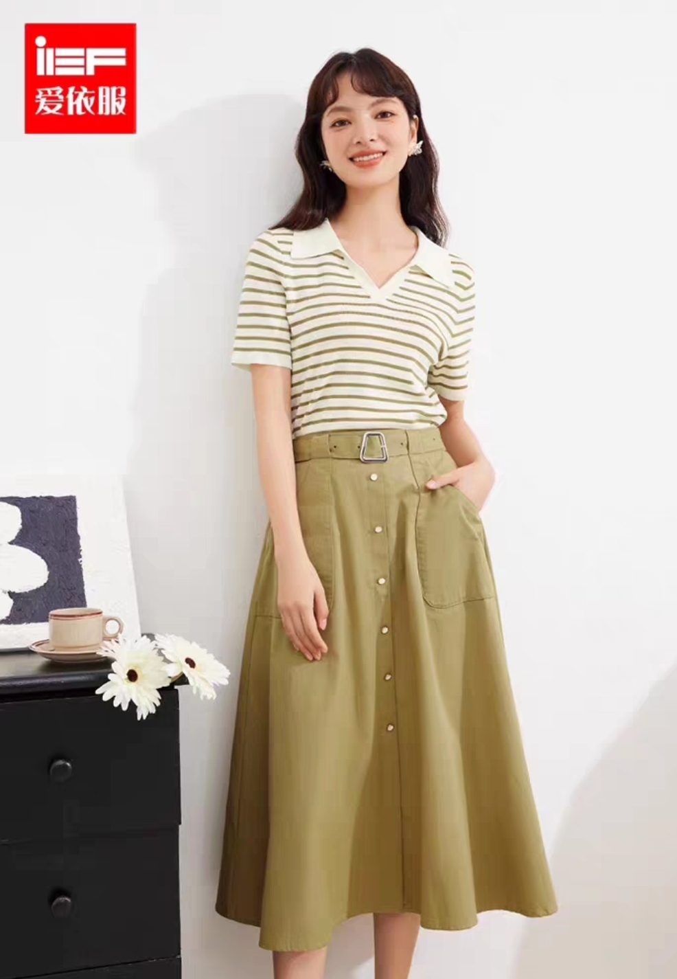 连衣依服套装秋季新款文艺条纹上衣设计气质里外套裙女无腰带