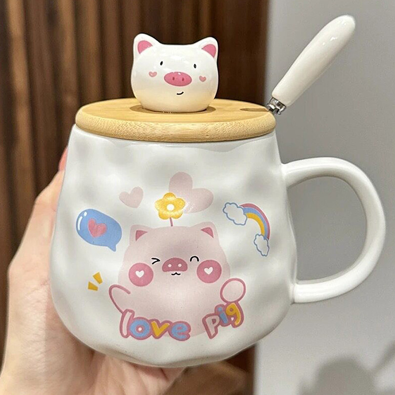 网红日式小猪情侣卡通陶瓷马克杯带盖勺可爱少女心咖啡喝水杯子