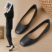 女久站不累职业平底工作鞋 方头软底静音单鞋 舒适粗跟夏季 黑色皮鞋