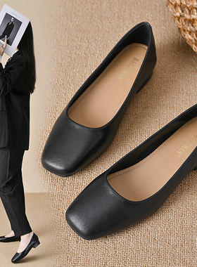 黑色皮鞋舒适粗跟夏季方头软底静音单鞋女久站不累职业平底工作鞋