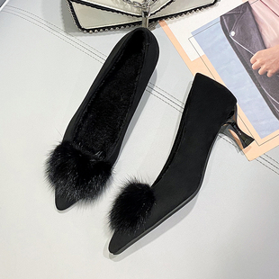 真皮水貂毛加绒毛毛鞋女高跟尖头单鞋女秋冬新款细跟保暖豆豆鞋女
