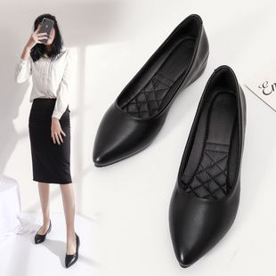 内增高工作鞋女黑色夏软底皮鞋尖头平底坡跟单鞋久站不累四季女鞋
