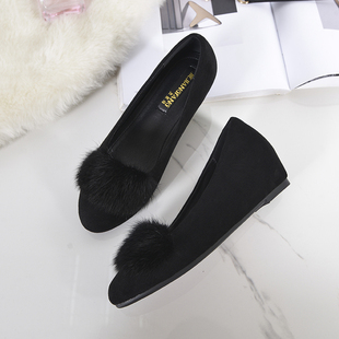 2025秋冬新款真皮水貂毛毛豆豆鞋平底圆头坡跟女鞋百搭内增高单鞋