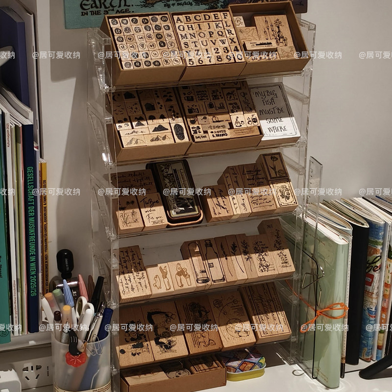 手账人印章收纳盒透明多层大容量印泥印台整理展示架桌面文具神器
