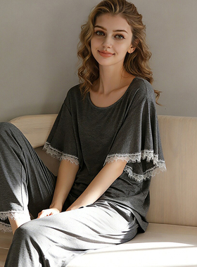 睡衣女款2026新款夏季深灰色莫代尔棉蕾丝短袖长裤家居服两件套装